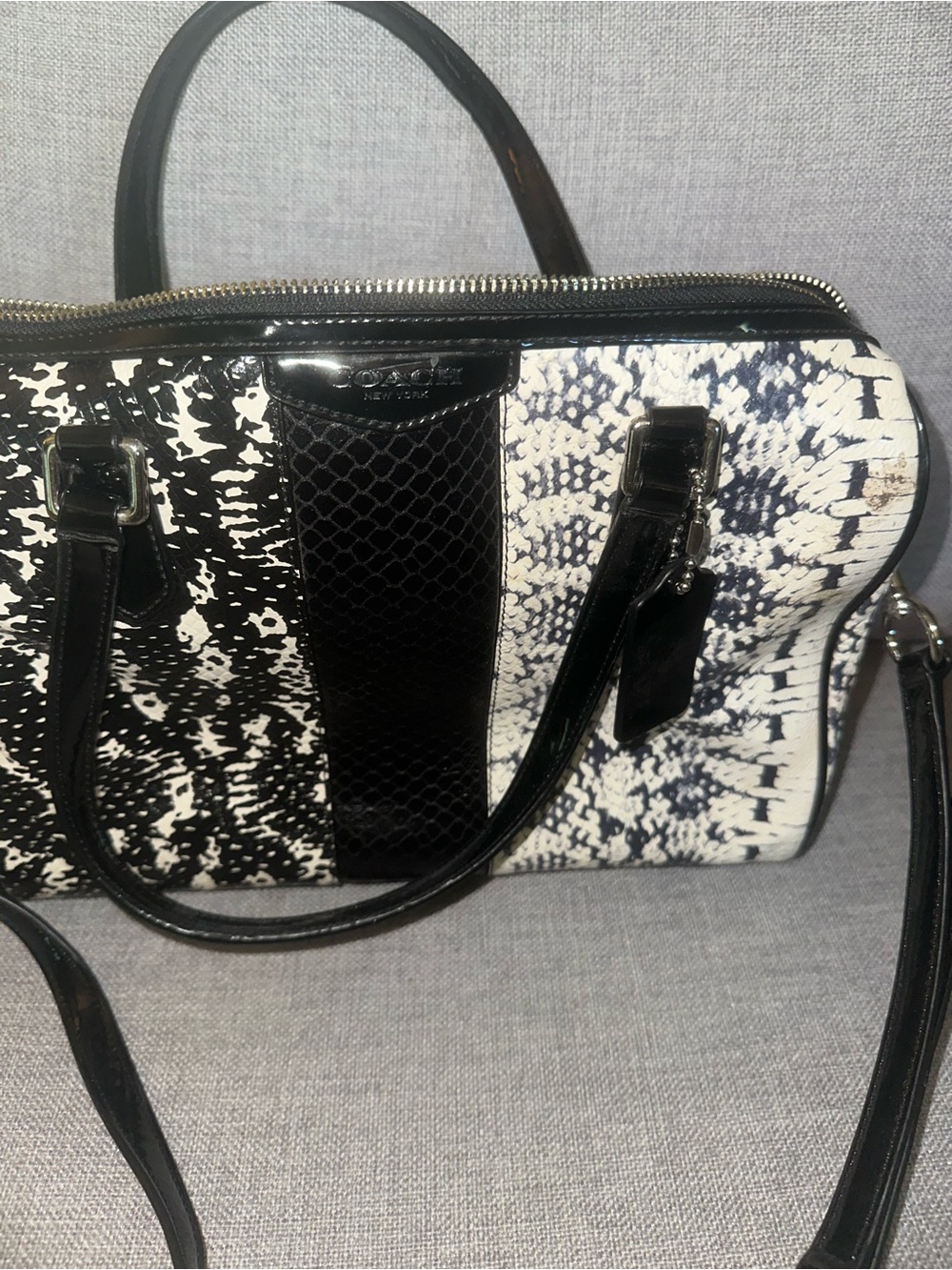 Coach Black and White Patterned Patent Trim Satchel